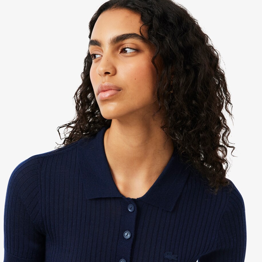 3D Rib Knit Polo Collar Merino Wool Sweater image number 1