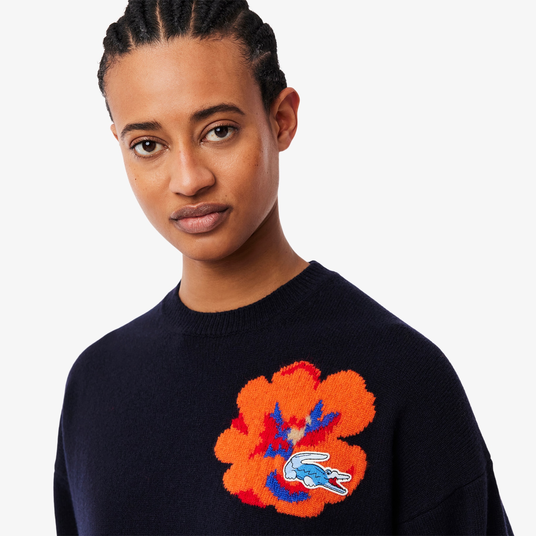 Intarsia Flower Motif Wool Sweater image number 1
