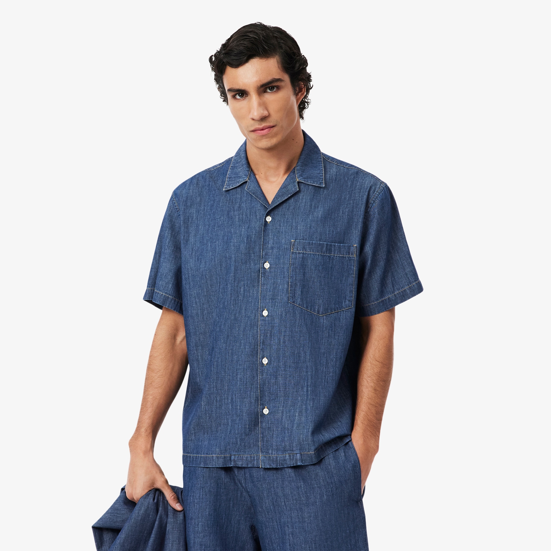 Relaxed Fit Open Neck Denim Shirt image number 0