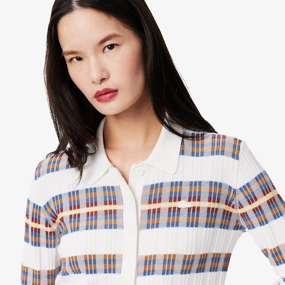 Ribbed Knit Long Sleeved Stripe Polo image number 1