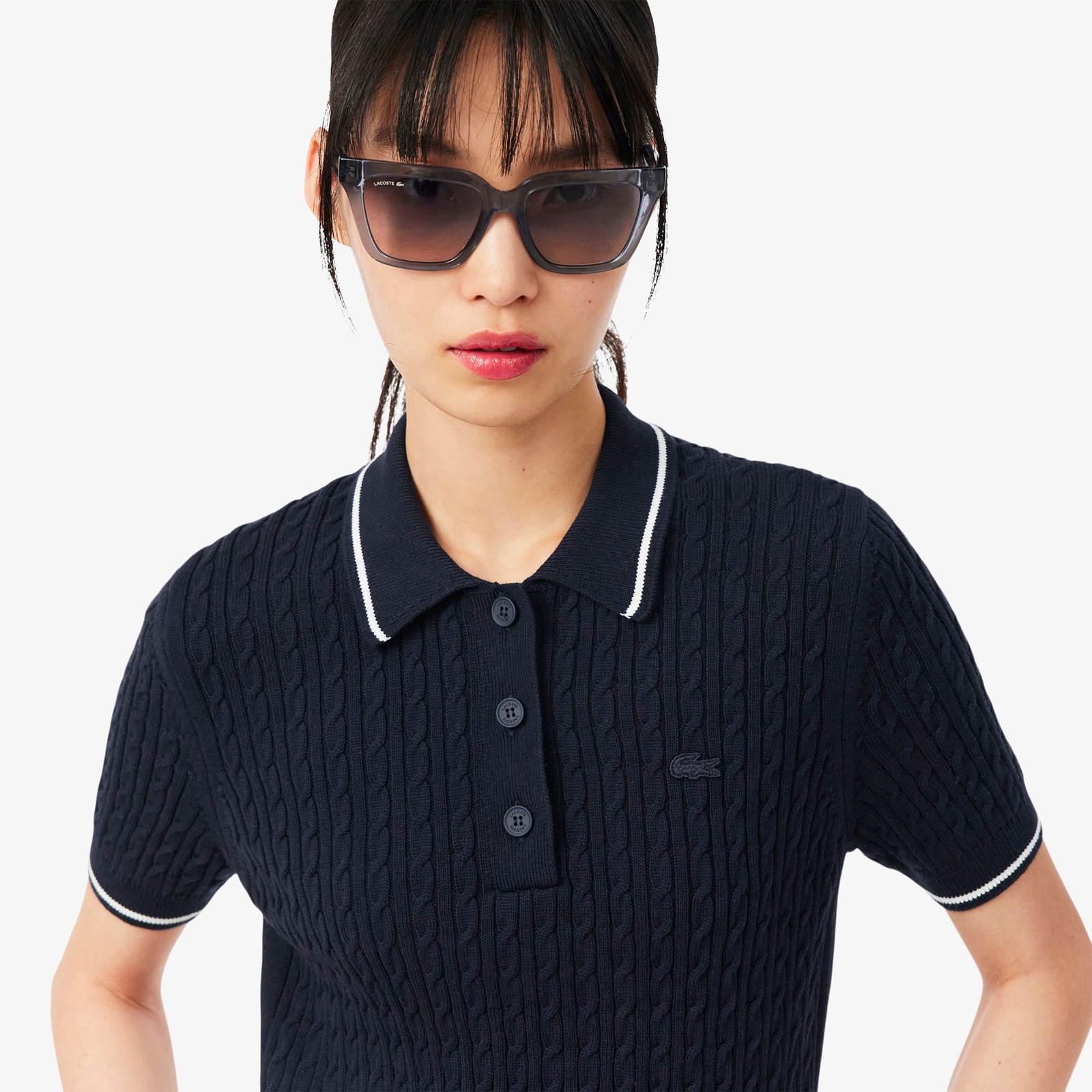 Striped Cable Knit Polo Collar Sweater image number 1