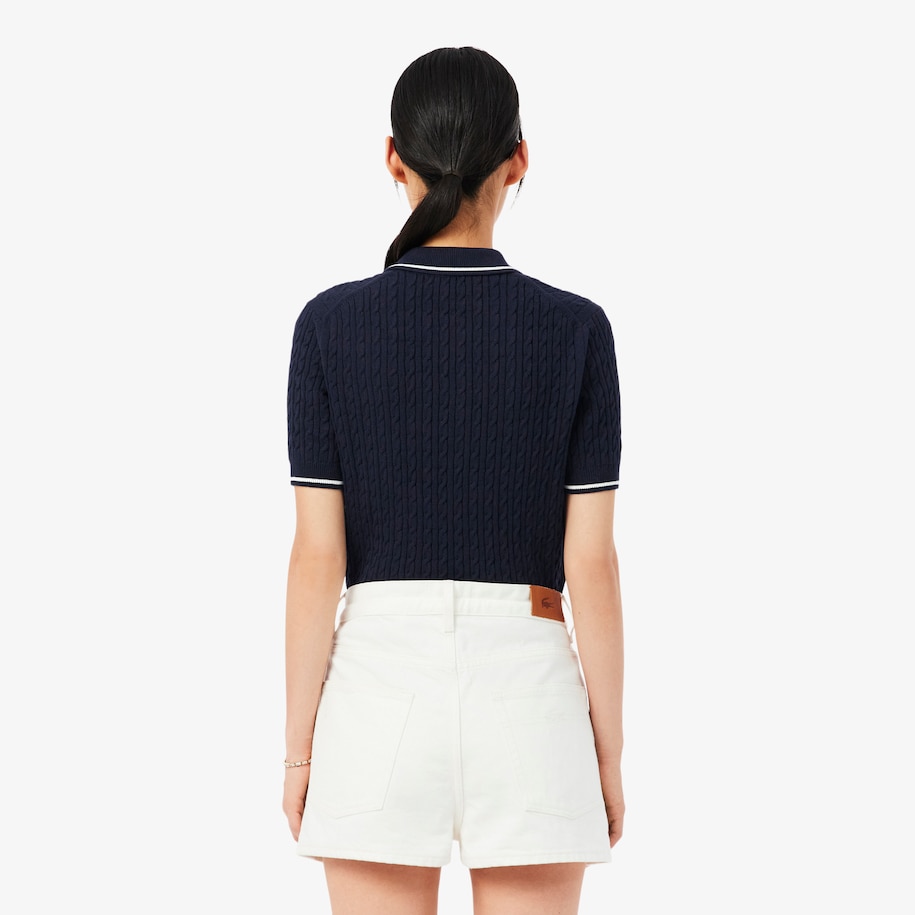 Striped Cable Knit Polo Collar Sweater image number 2