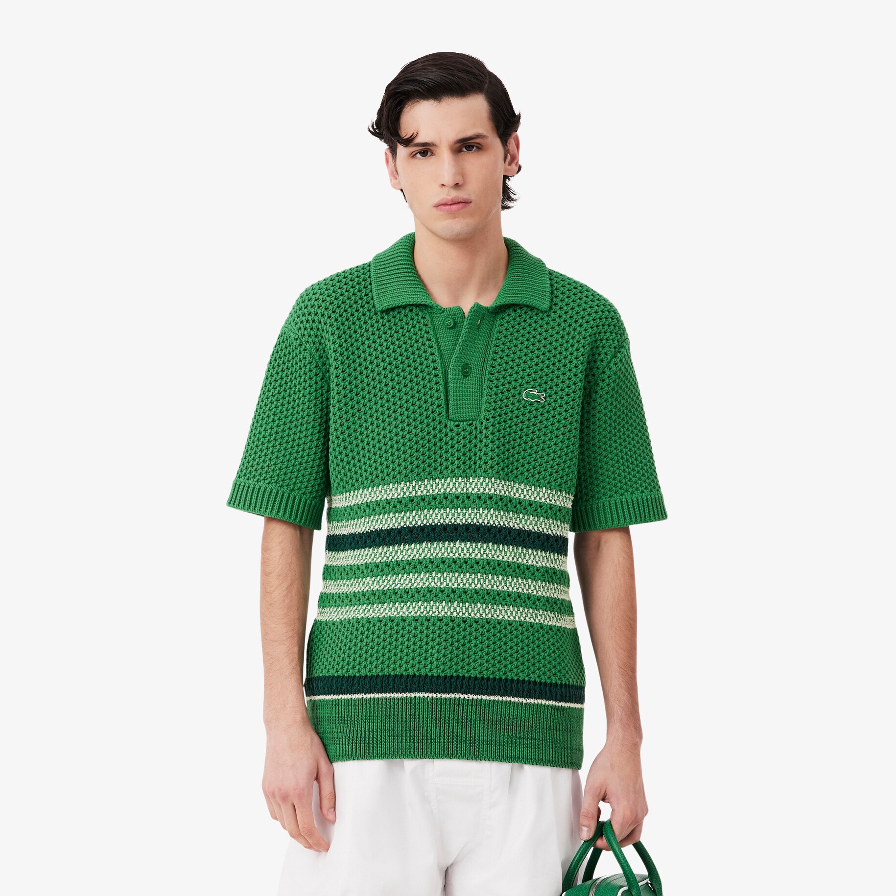 Sweater Kerah Polo Garis Renda Runway image number 0