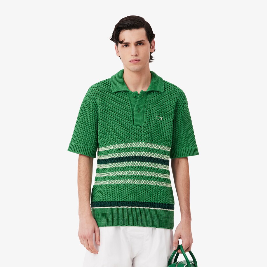Sweater Kerah Polo Garis Renda Runway image number 0