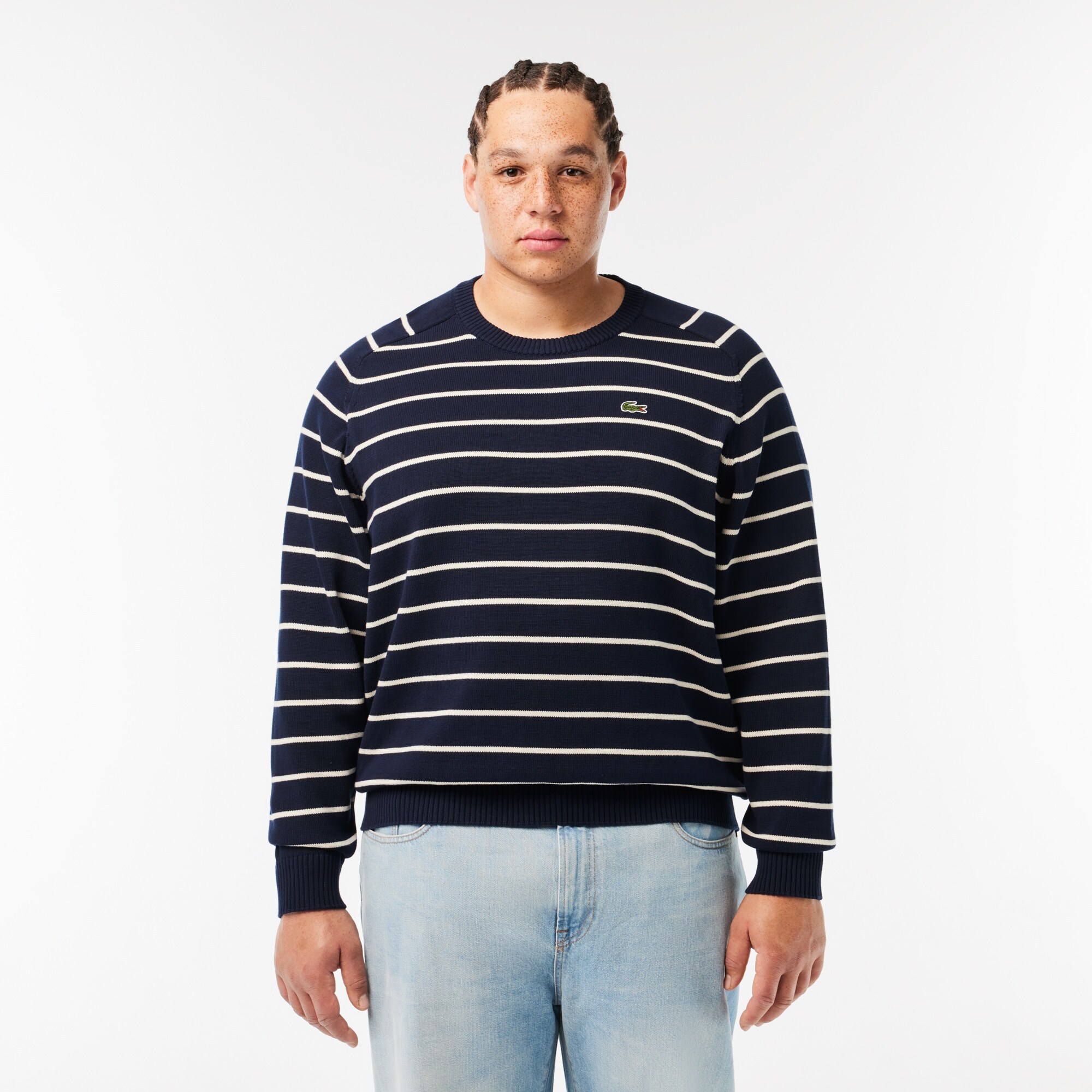 Striped 3D Knit Cotton Crew Neck Sweater image number 5