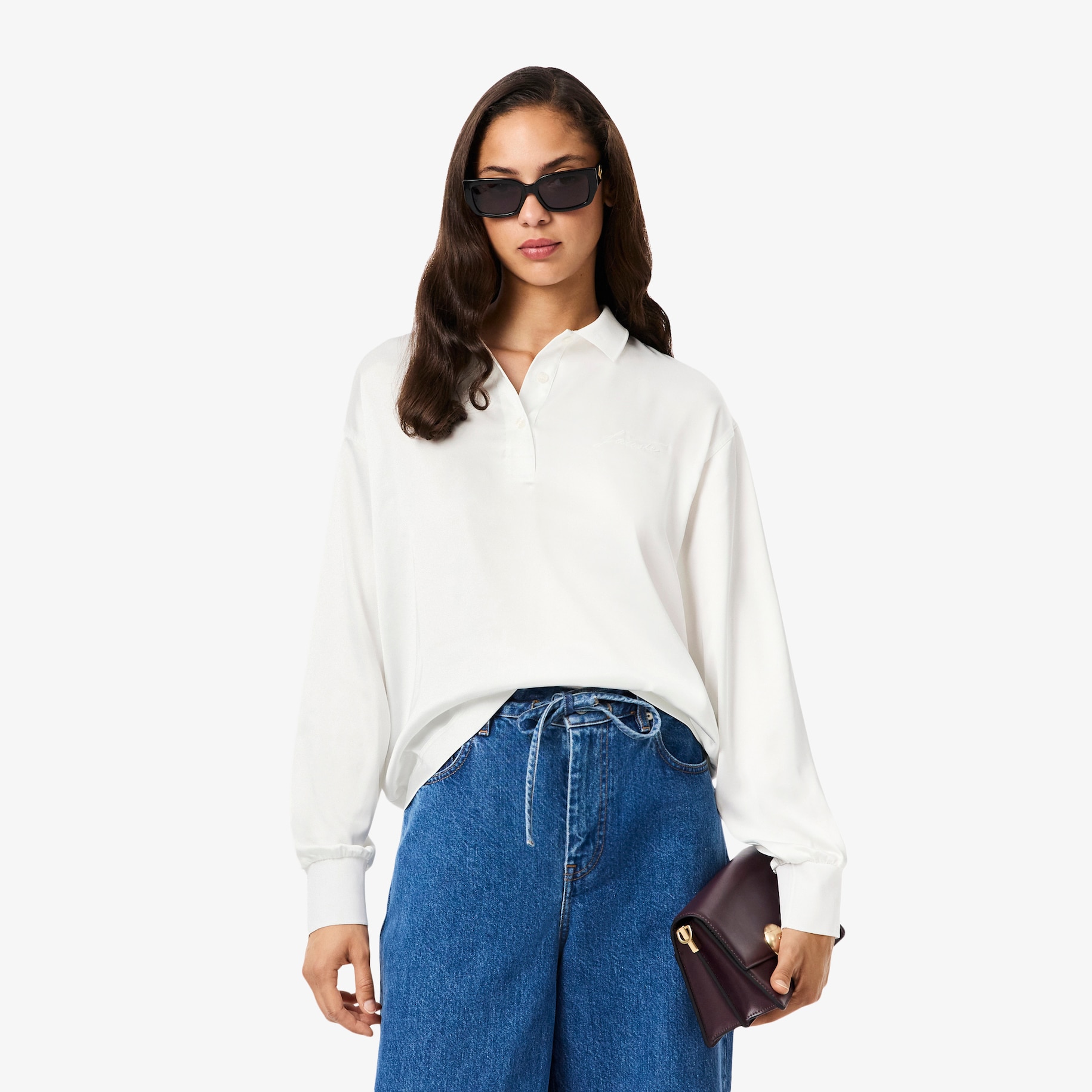 Long Sleeved Oversized Satin Polo Shirt image number 0