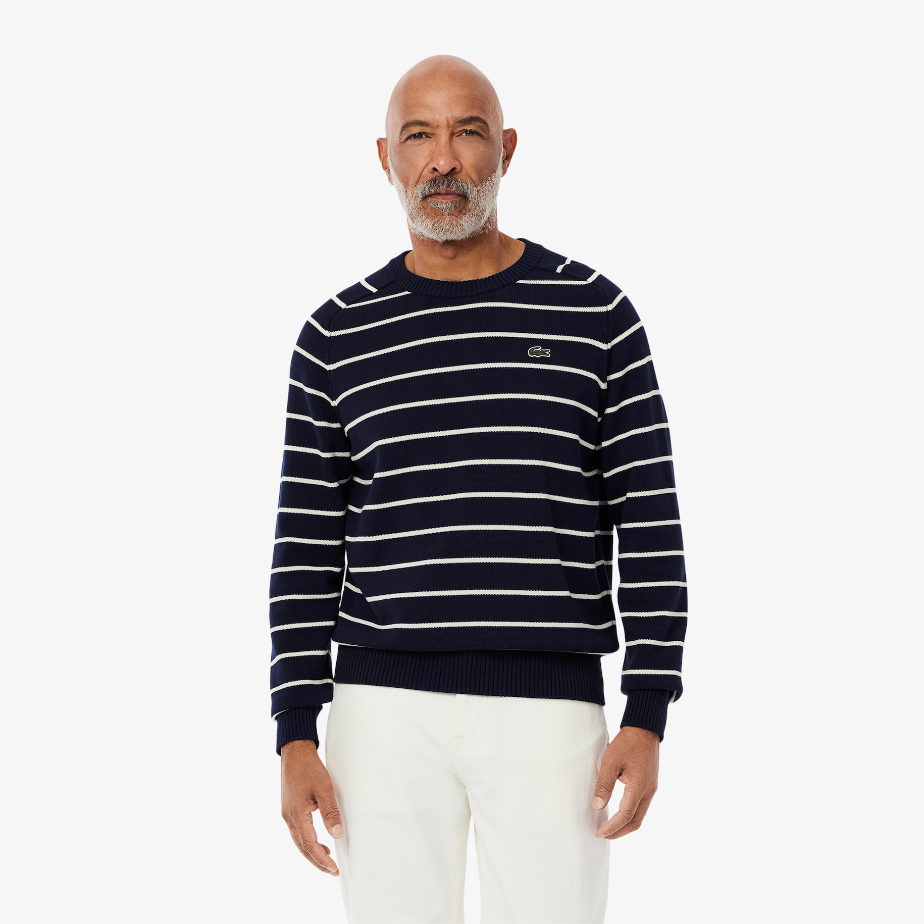 Striped 3D Knit Cotton Crew Neck Sweater image number 0